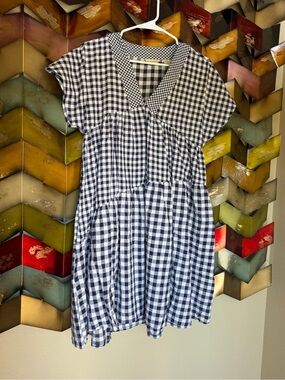 Anthropology Navy and White Gingham Tiered Dress
